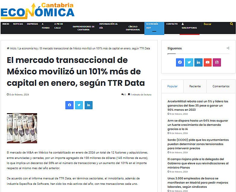 El mercado transaccional de Mxico moviliz un 101% ms de capital en enero, segn TTR Data